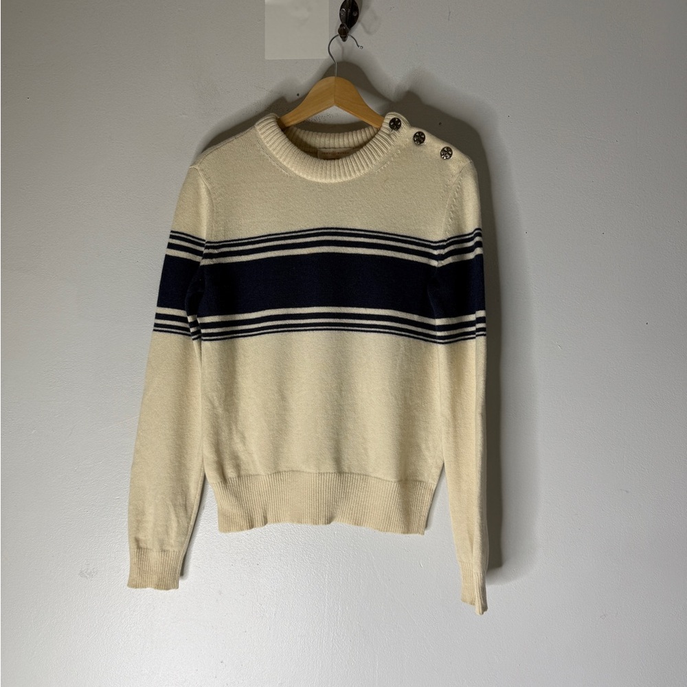Tory Burch Lukas Sweater Cream Navy Stripe Crew Neck‎ Wool Sweater Small